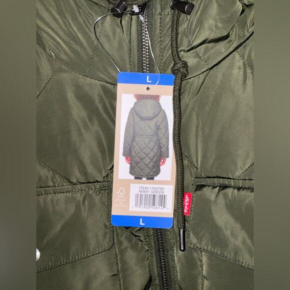 Levi's Women's Soft Sherpa Lined Diamond Quilted Long Parka Green Jacket NWT - Picture 5 of 11